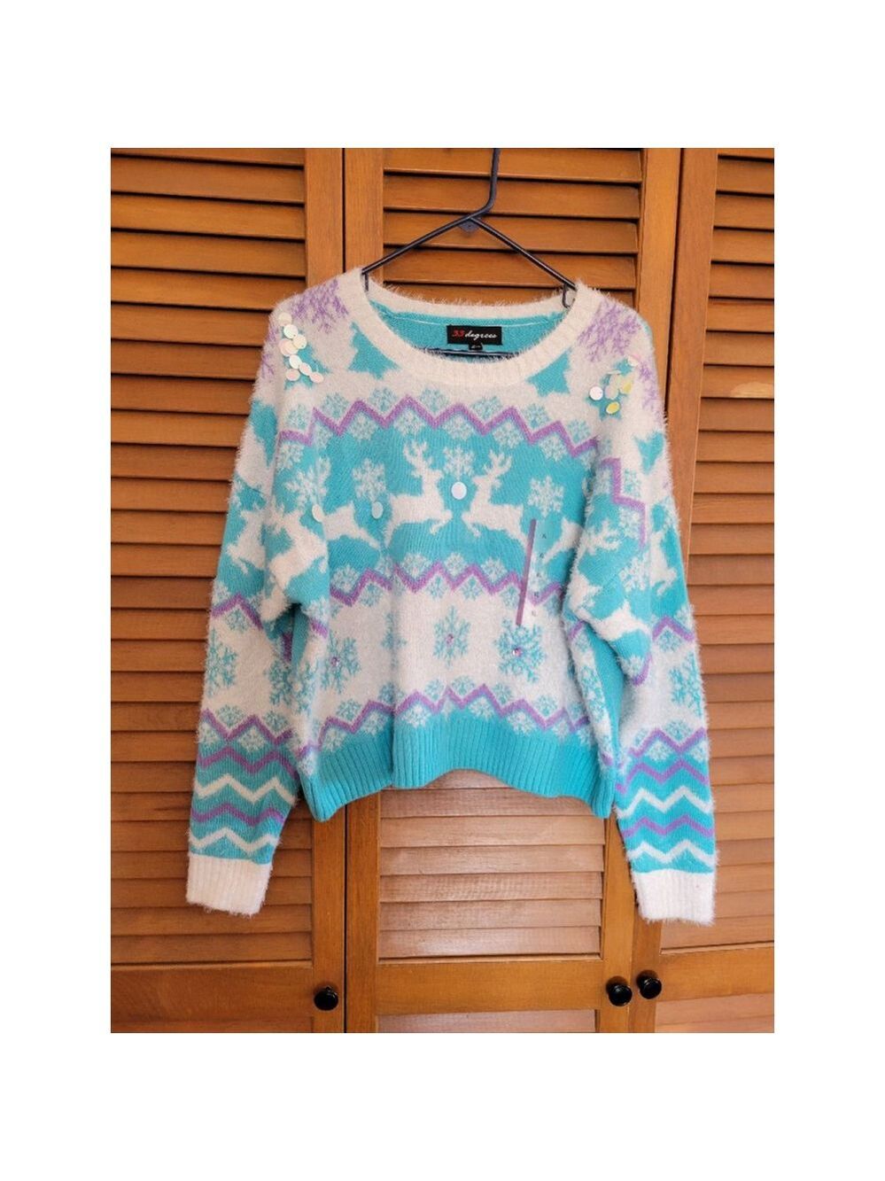 33 Degrees XL Fair Isle Sweater Teal White Sequins - Picture 2 of 6